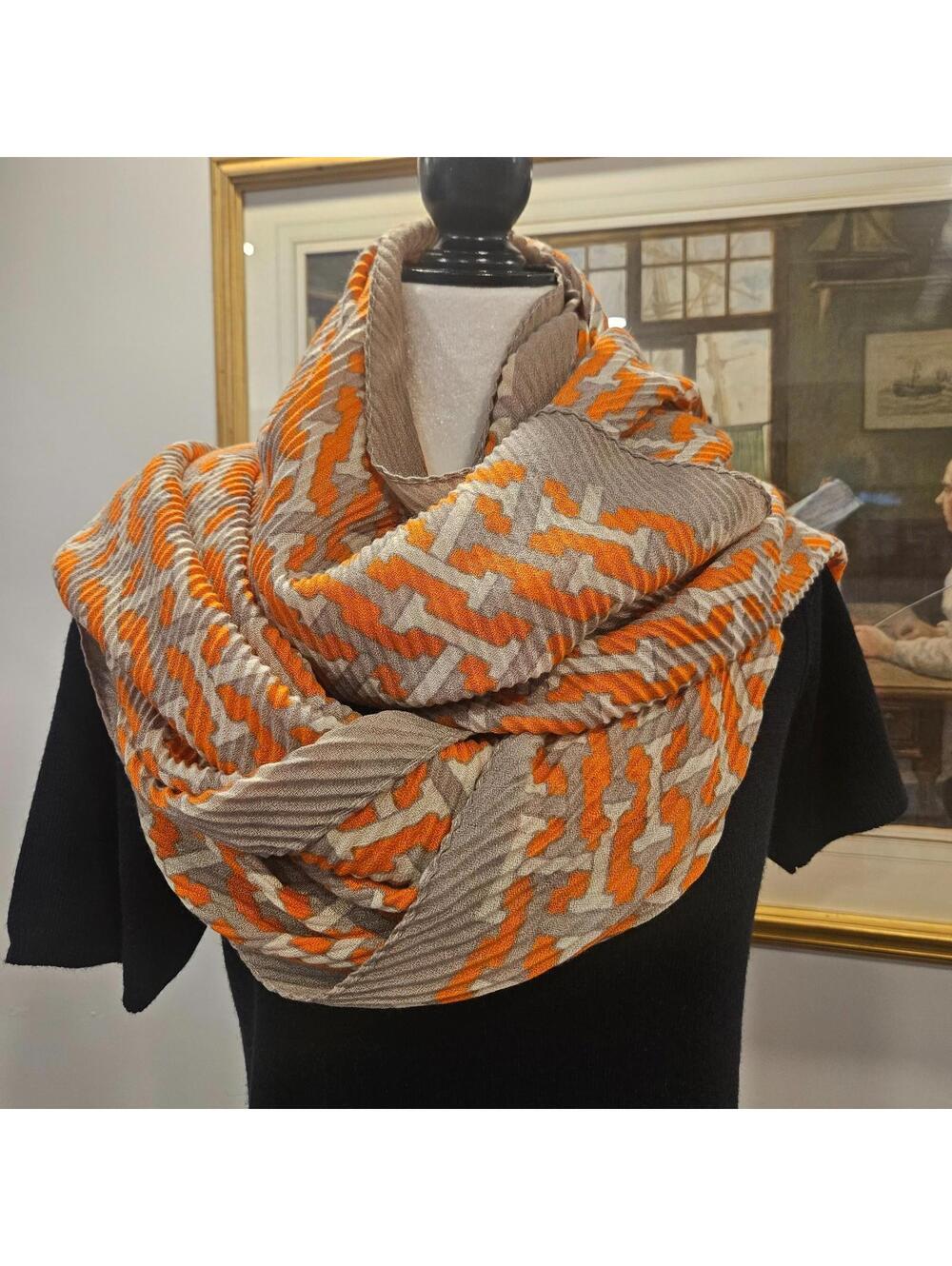 Miss Caprice Accordion Pleated Geometric Scarf, Orange and Taupe  Wrap 30"x68"